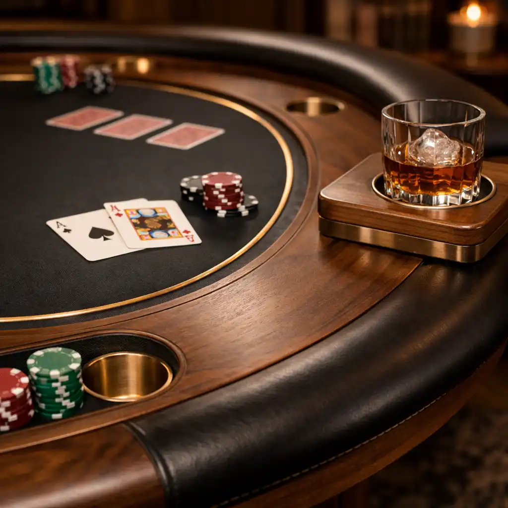 Kézzel készült, magyar fapókerasztal meleg, fémes részletekkel a Varhegyo Open-Air Poker Clubban