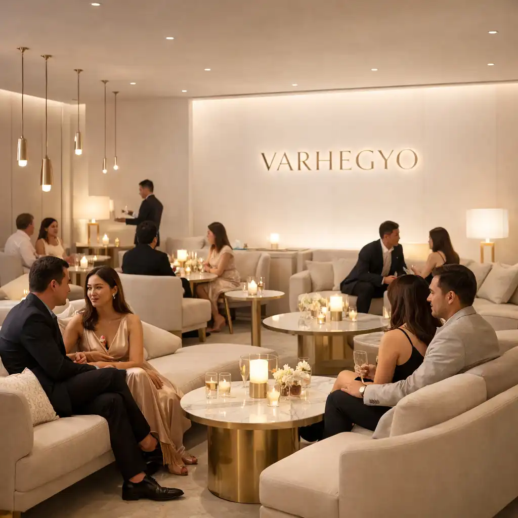 Intim lounge tér hangulatvilágítással és vendégekkel egy privát Varhegyo eseményen