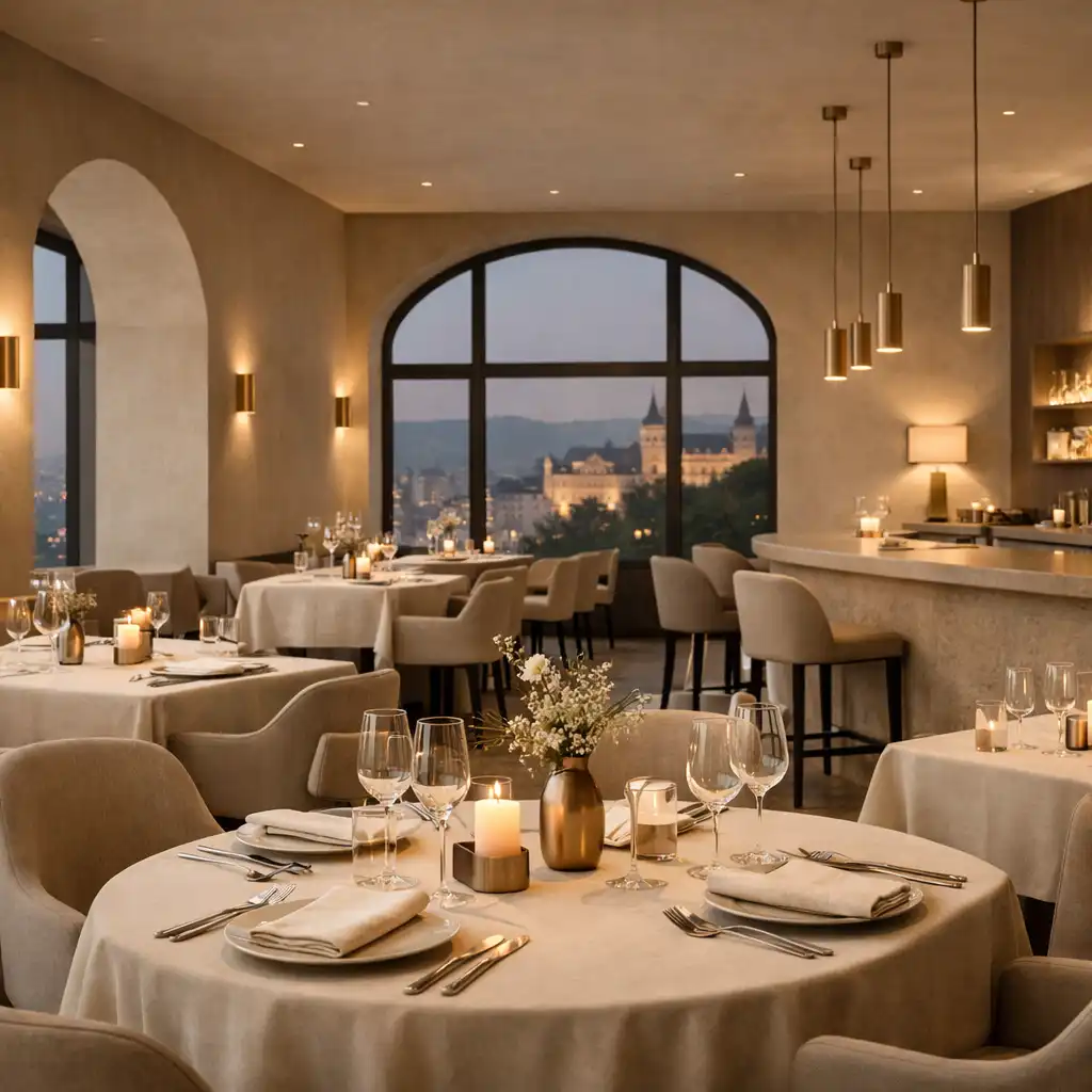 Varhegyo fine-dining étterem elegáns, gyertyafényes enteriőrrel és kifinomult terítéssel