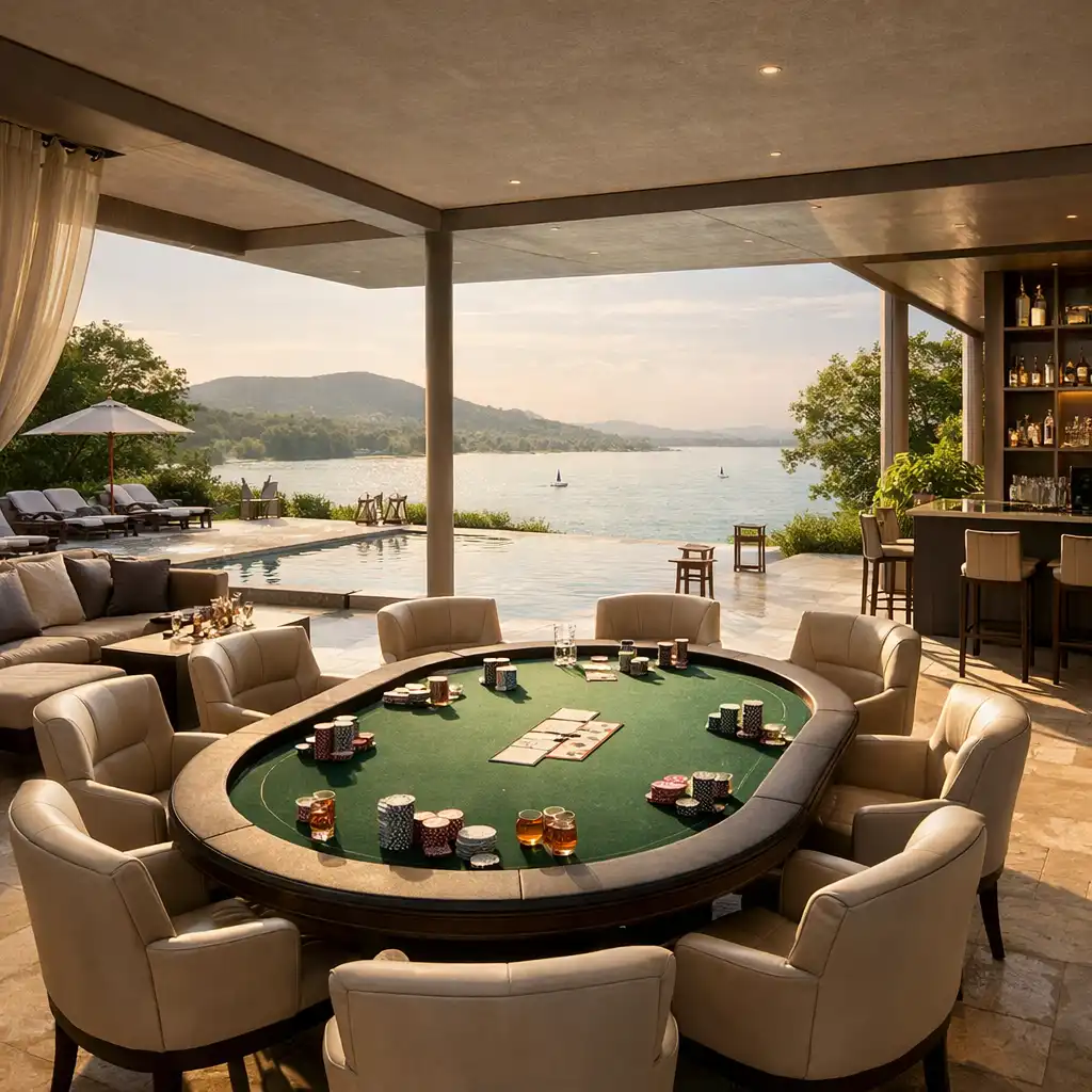 Napfényes, nyitott lounge tér a Varhegyo Open-Air Poker Clubban, elegáns pókerasztalokkal