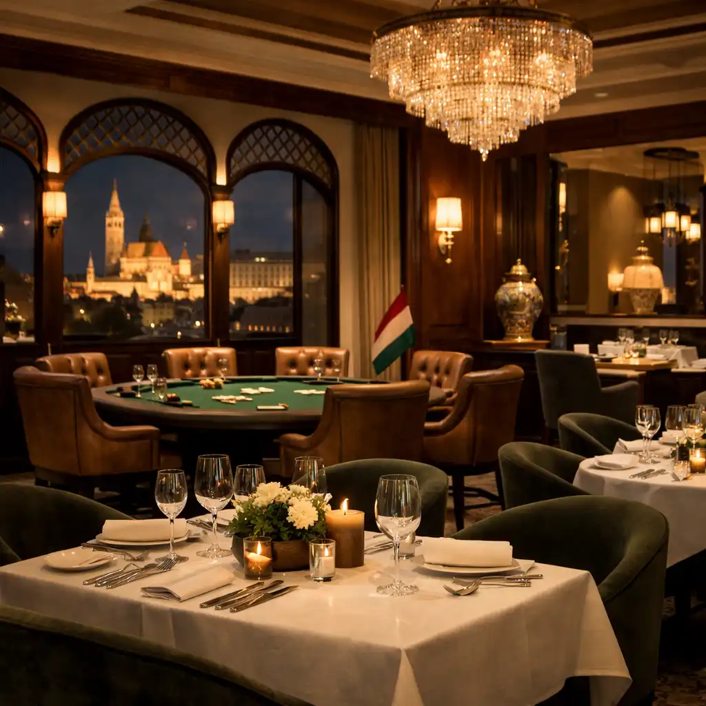 A Varhegyo fine dining étterme és poker lounge tere, meleg fényekkel és letisztult, eco-luxus enteriőrrel