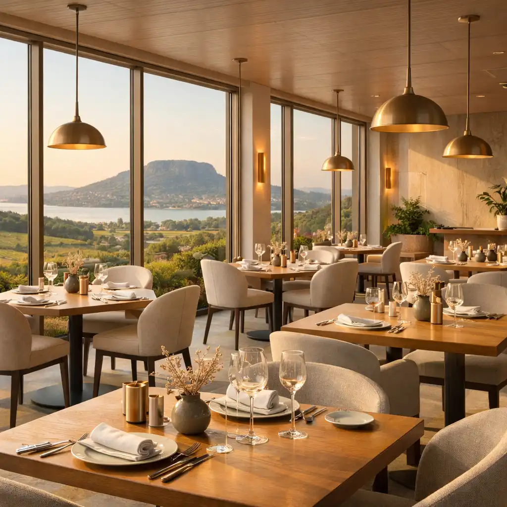 Napfényes, elegáns fine-dining éttermi tér a Varhegyo-ban