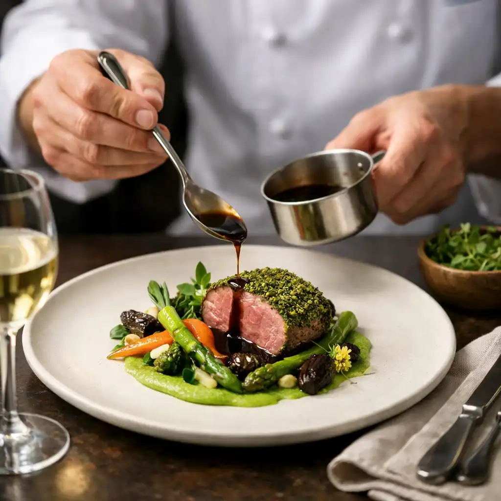 Szezonális fine-dining főétel művészi tálalással a Varhegyo étteremben