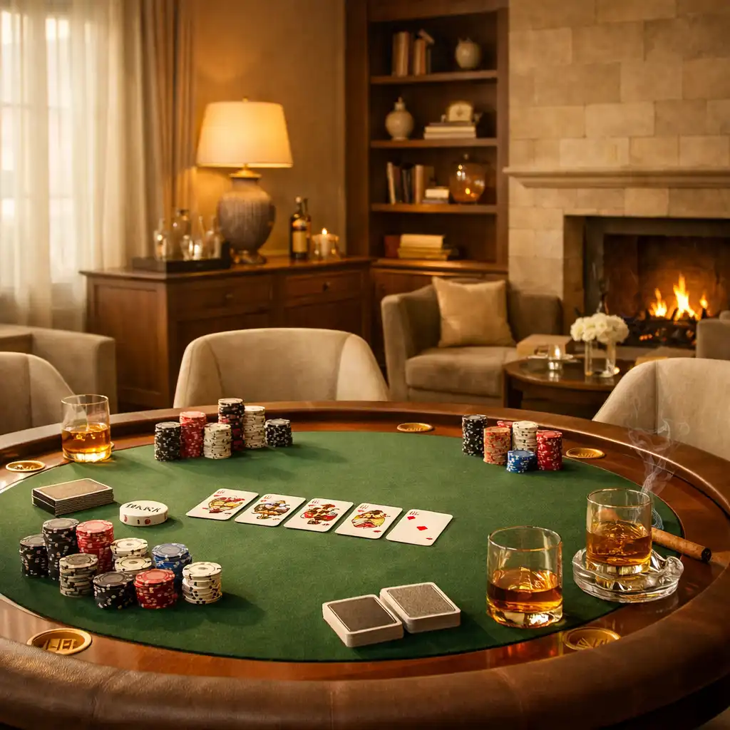 Napfényben úszó, privát gaming lounge a Varhegyón, elegáns pókerasztallal és lounge ülőhelyekkel