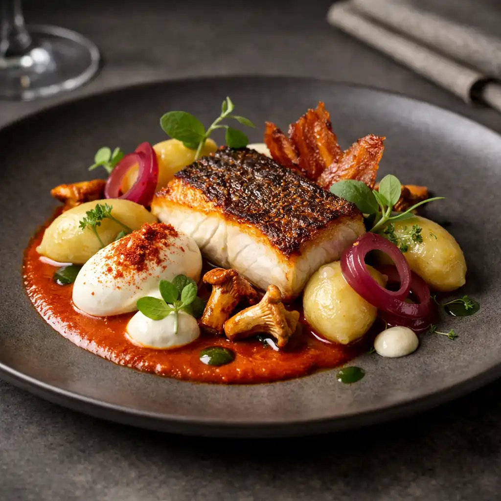Finoman tálalt fine dining fogás a Várhegyo konyhájából, visszafogott, elegáns kompozícióban